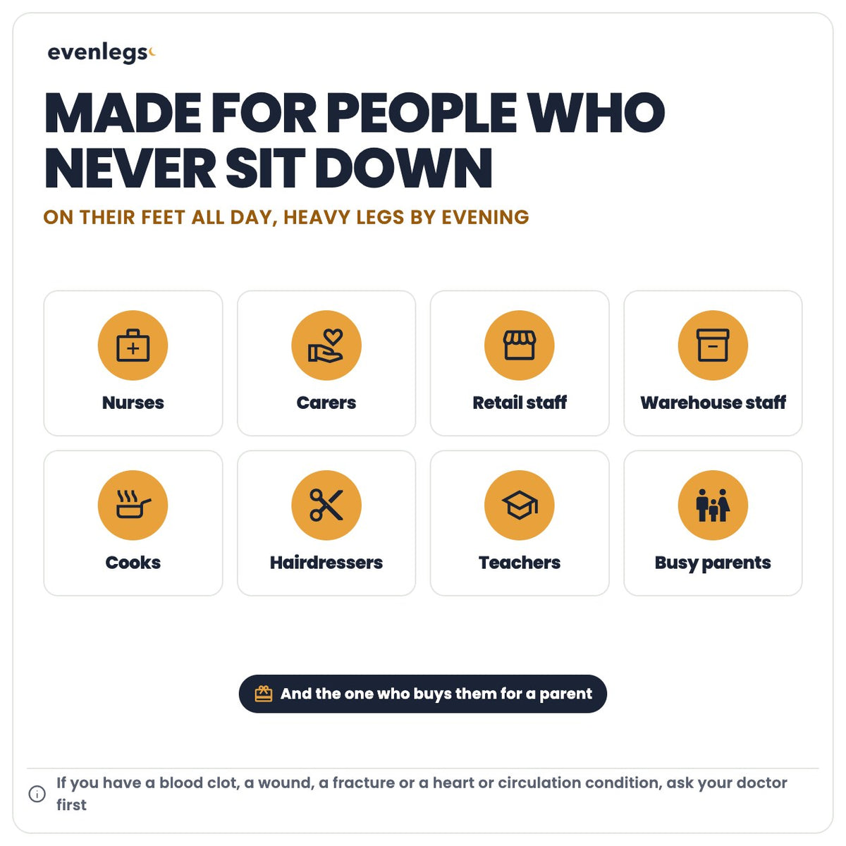 Made for people who never sit down: nurses, carers, retail, warehouse, cooks, hairdressers, teachers, parents