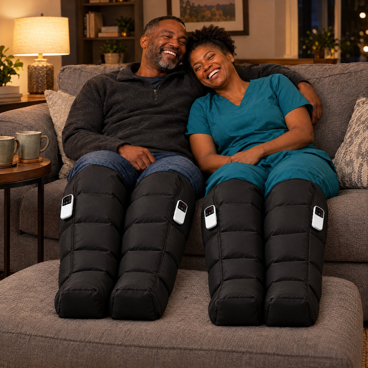 Two people on a sofa, each wearing a pair of Evenlegs Boots