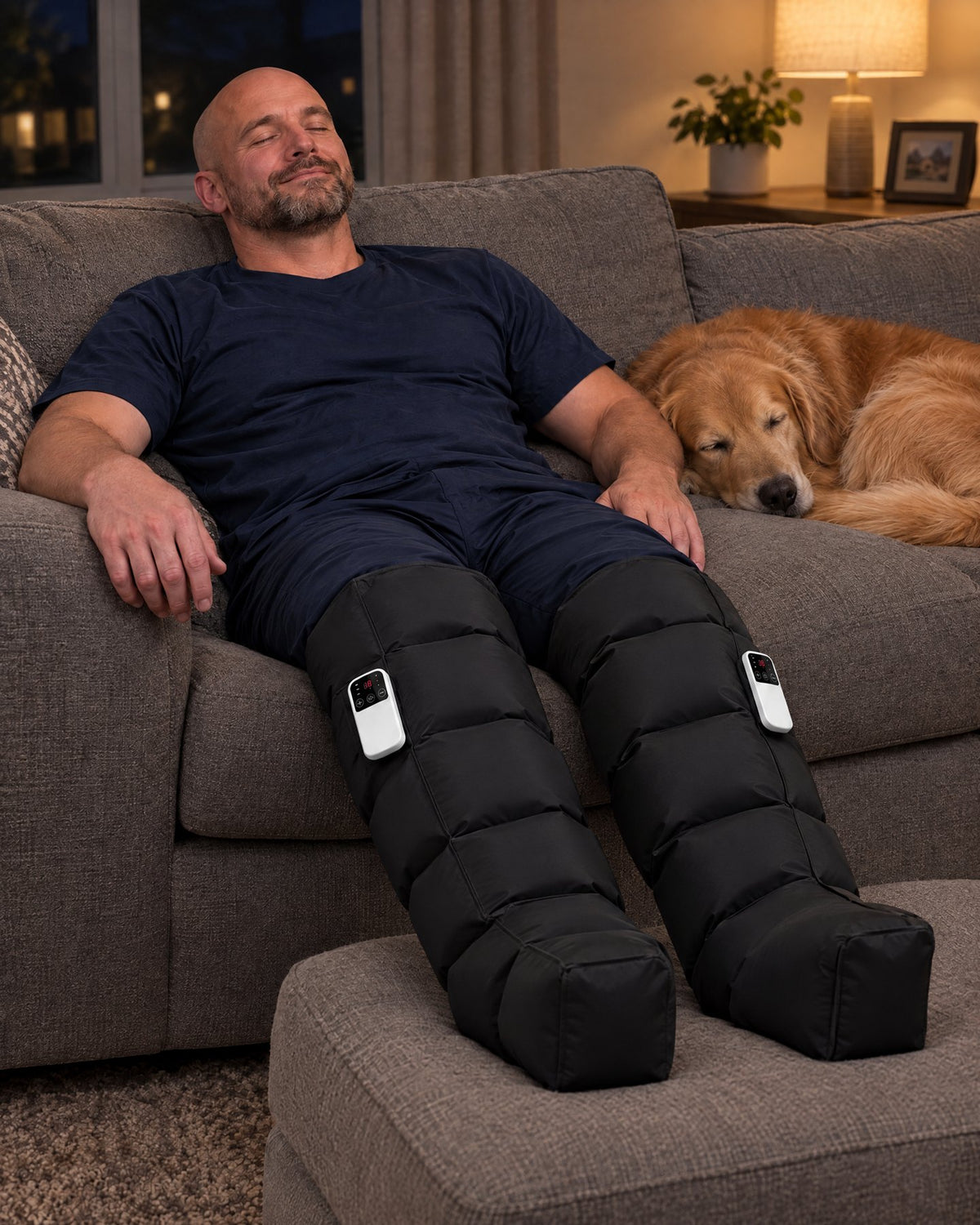 A paramedic resting with his dog asleep beside him, in Evenlegs Boots