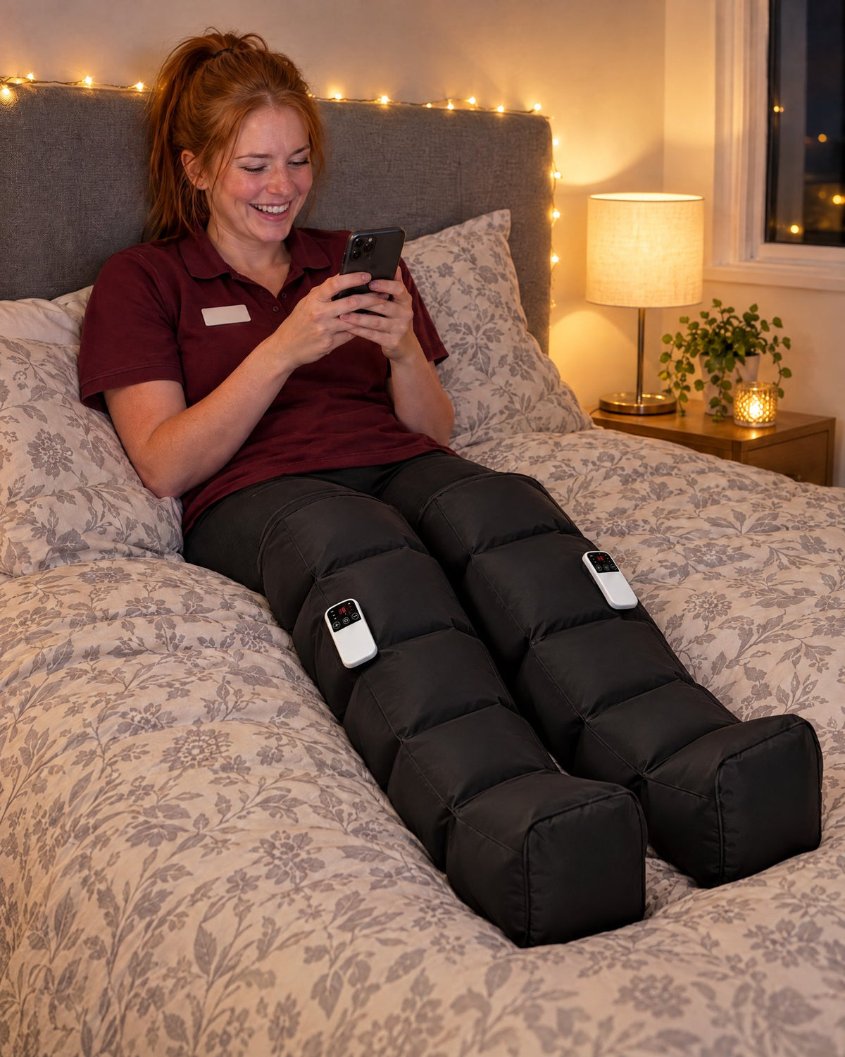 Laughing at her phone on the bed after a retail shift, in Evenlegs Boots