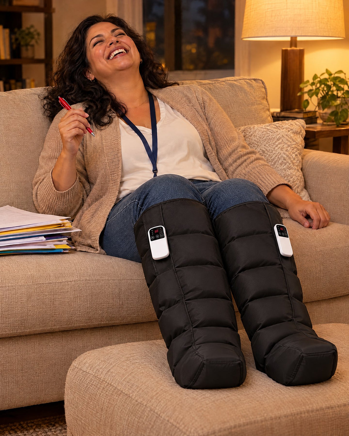 A teacher laughing on the sofa with her marking, in Evenlegs Boots