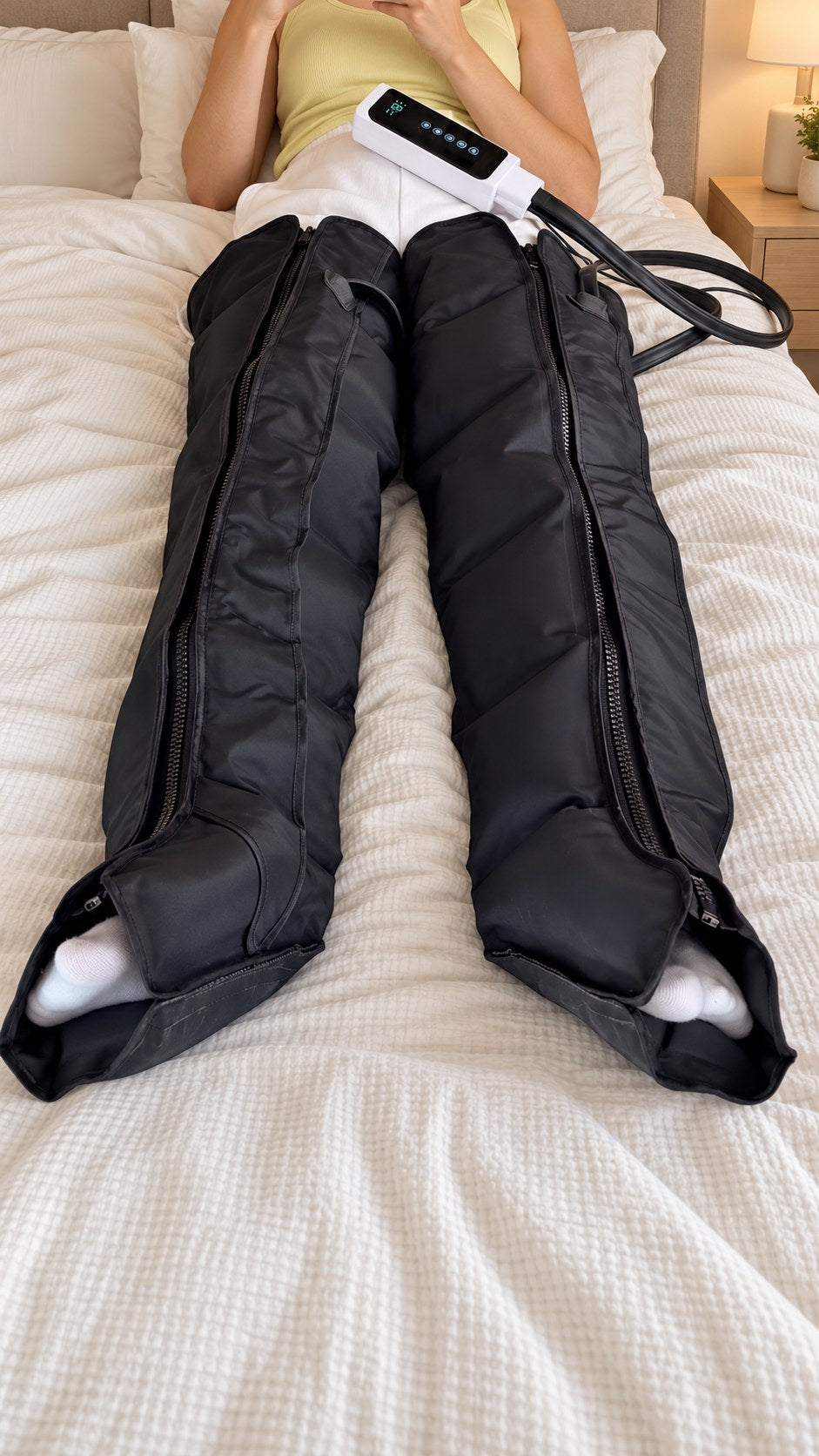 A woman on her bed in Evenlegs Boots, the handheld remote on her lap