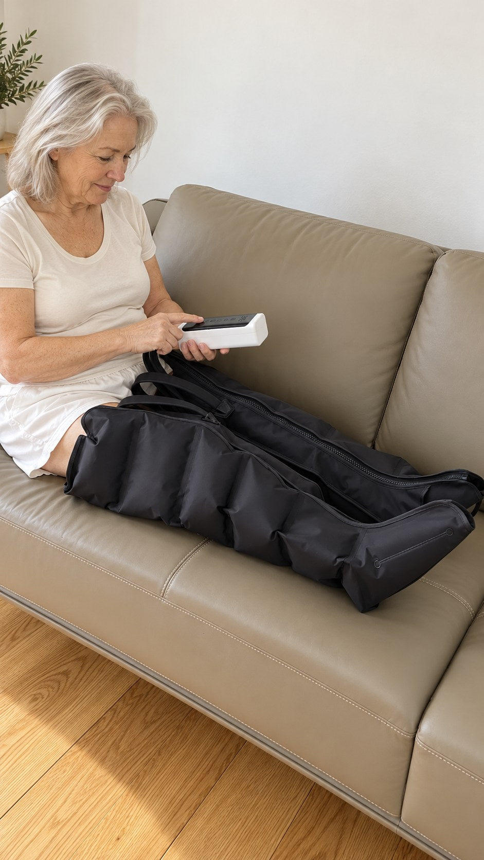 A woman on her sofa pressing start on the Evenlegs handheld remote, boots on