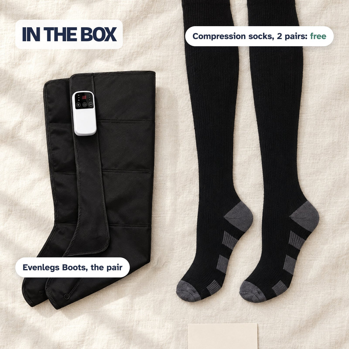 In the box: Evenlegs Boots, the pair, and two pairs of compression socks, free