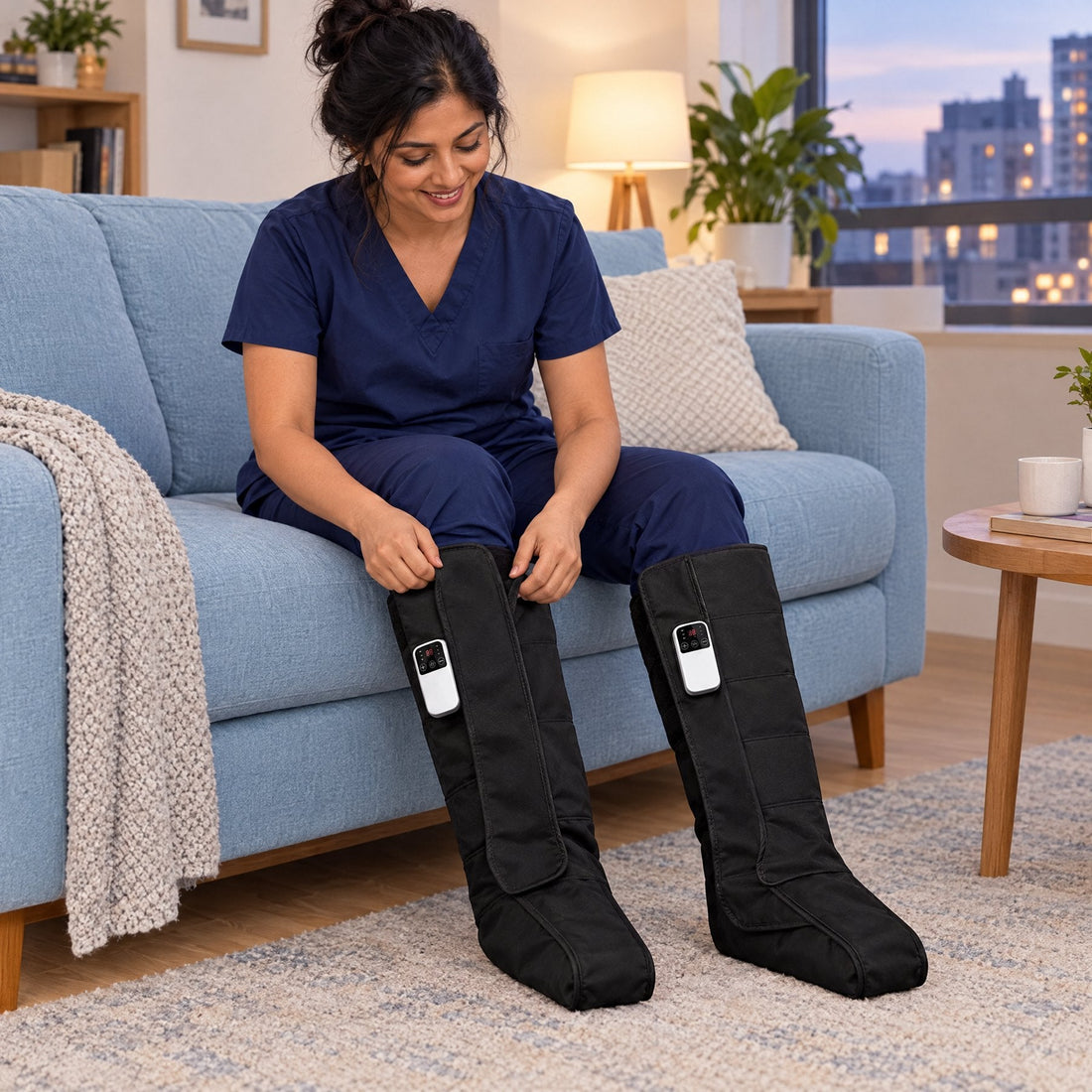A nurse in navy scrubs closing an Evenlegs boot up her calf on the sofa after work