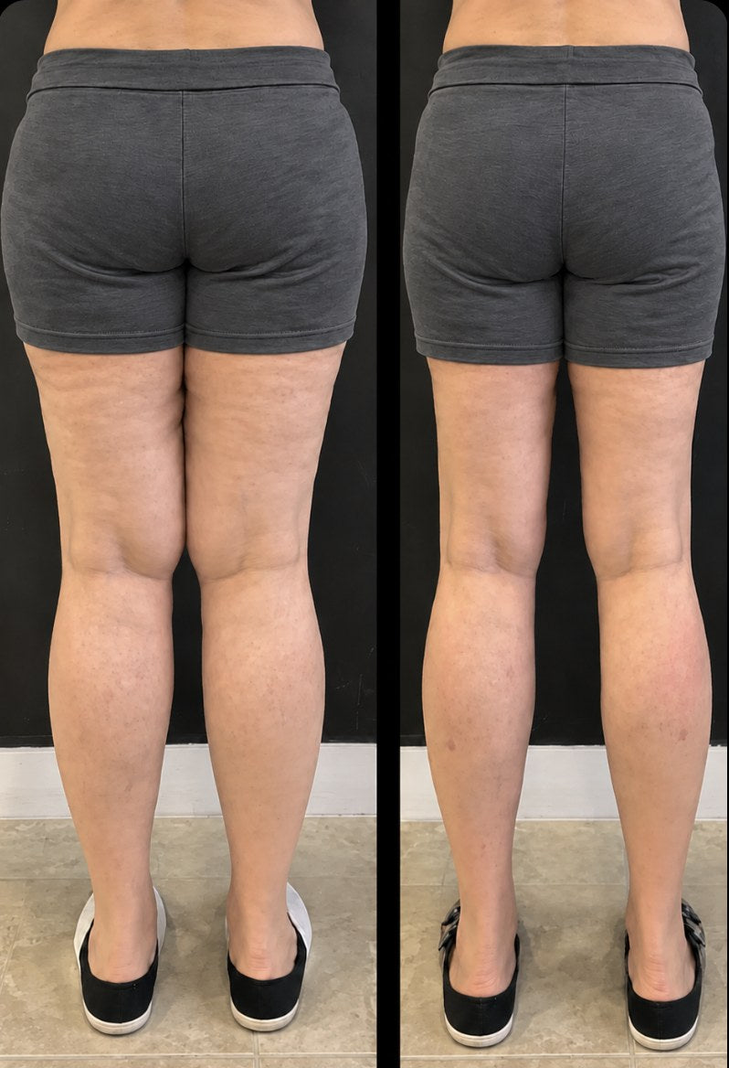 Before and after: the back of her legs, side by side