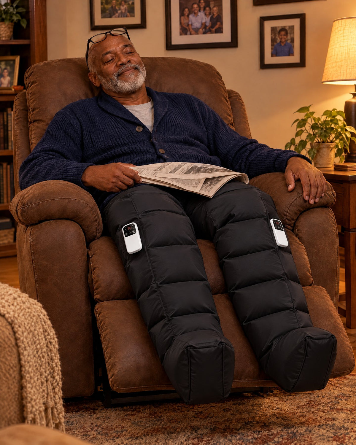 A grandfather in his recliner, feet up in Evenlegs Boots