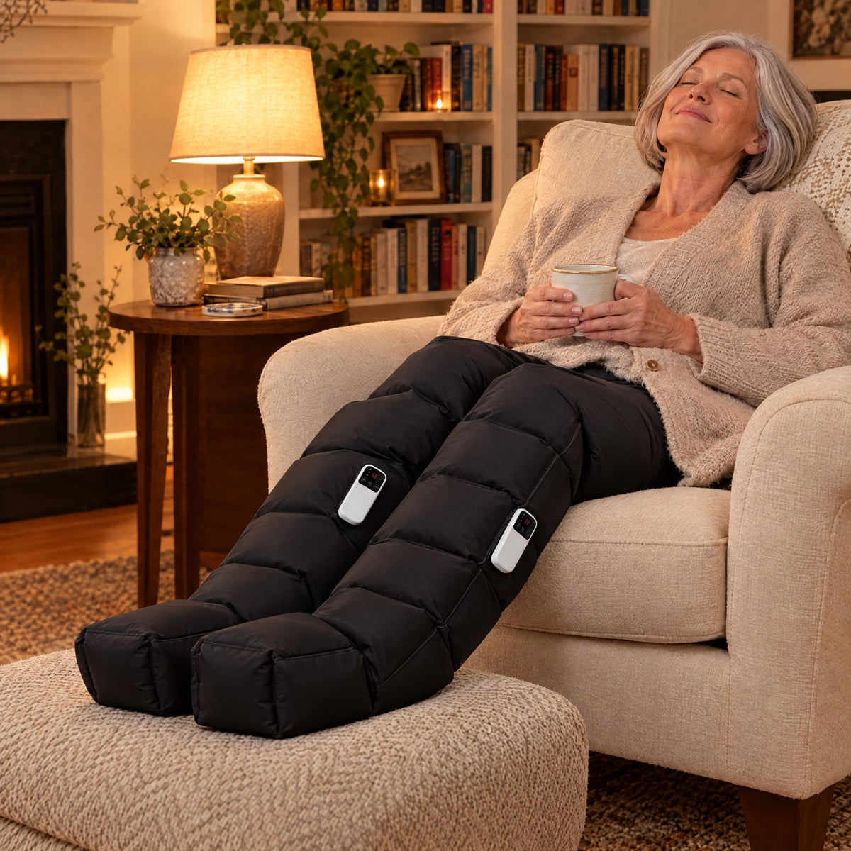 Eyes closed and smiling with a cup of tea, legs up in Evenlegs Boots