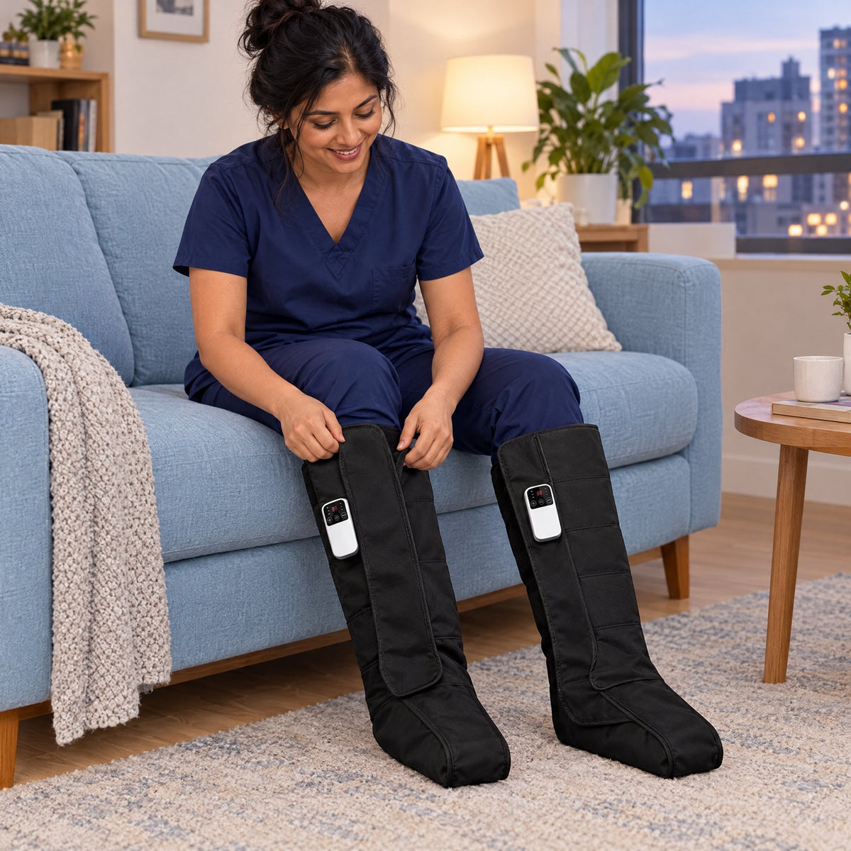 Zipping the boot up the calf, sitting on the sofa