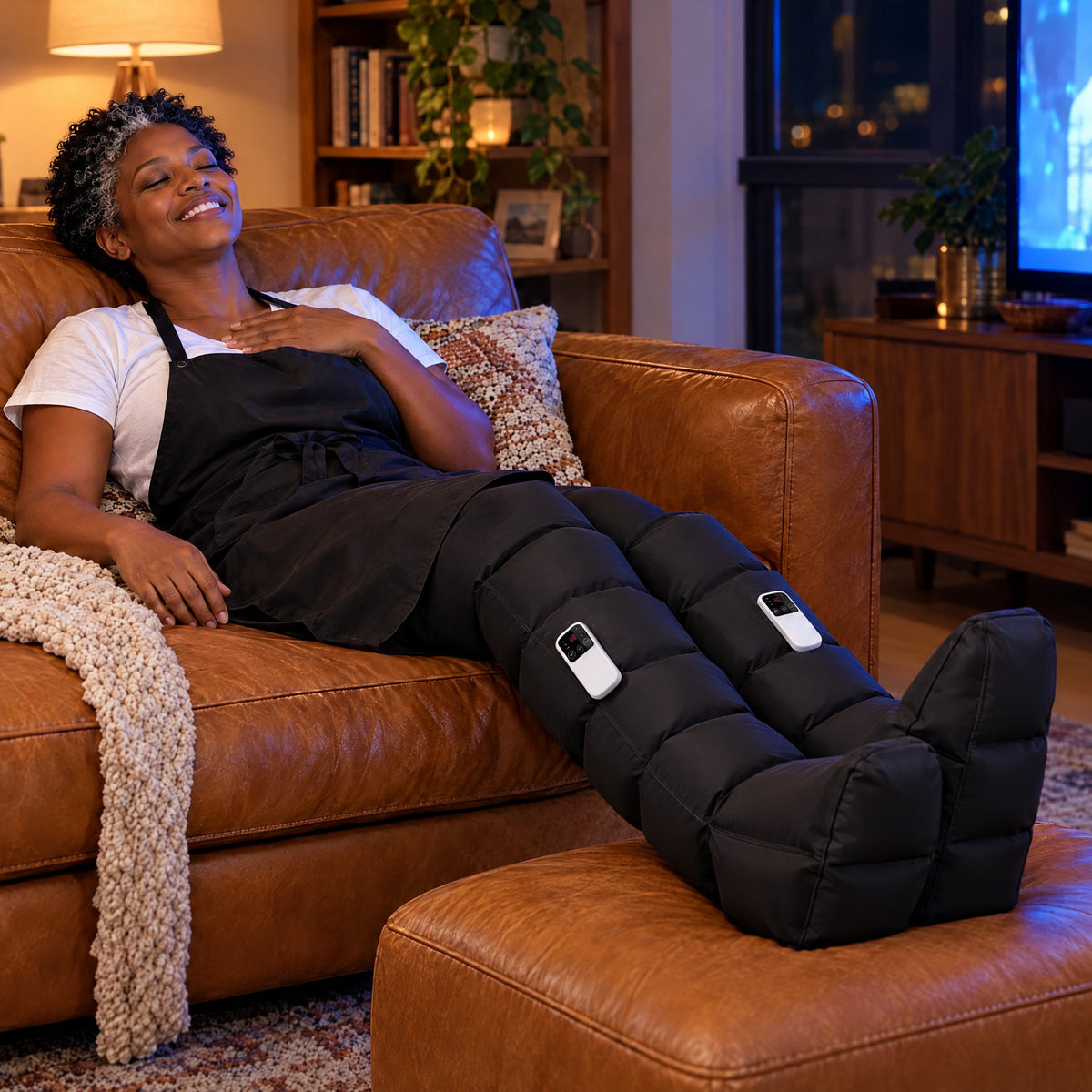 Lying back with a smile, feet up in the boots