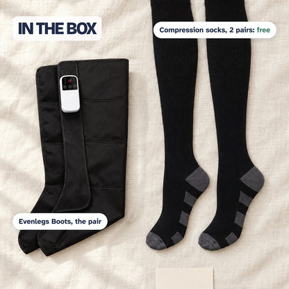 In the box: Evenlegs Boots, the pair, and two pairs of compression socks, free