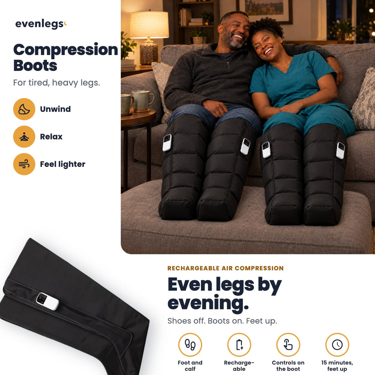 Evenlegs Compression Boots for tired, heavy legs: a couple laughing on the sofa in two pairs, and the pair with the controls on the boot