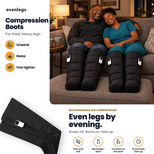 Evenlegs Compression Boots for tired, heavy legs: a couple laughing on the sofa in two pairs, and the pair with the controls on the boot