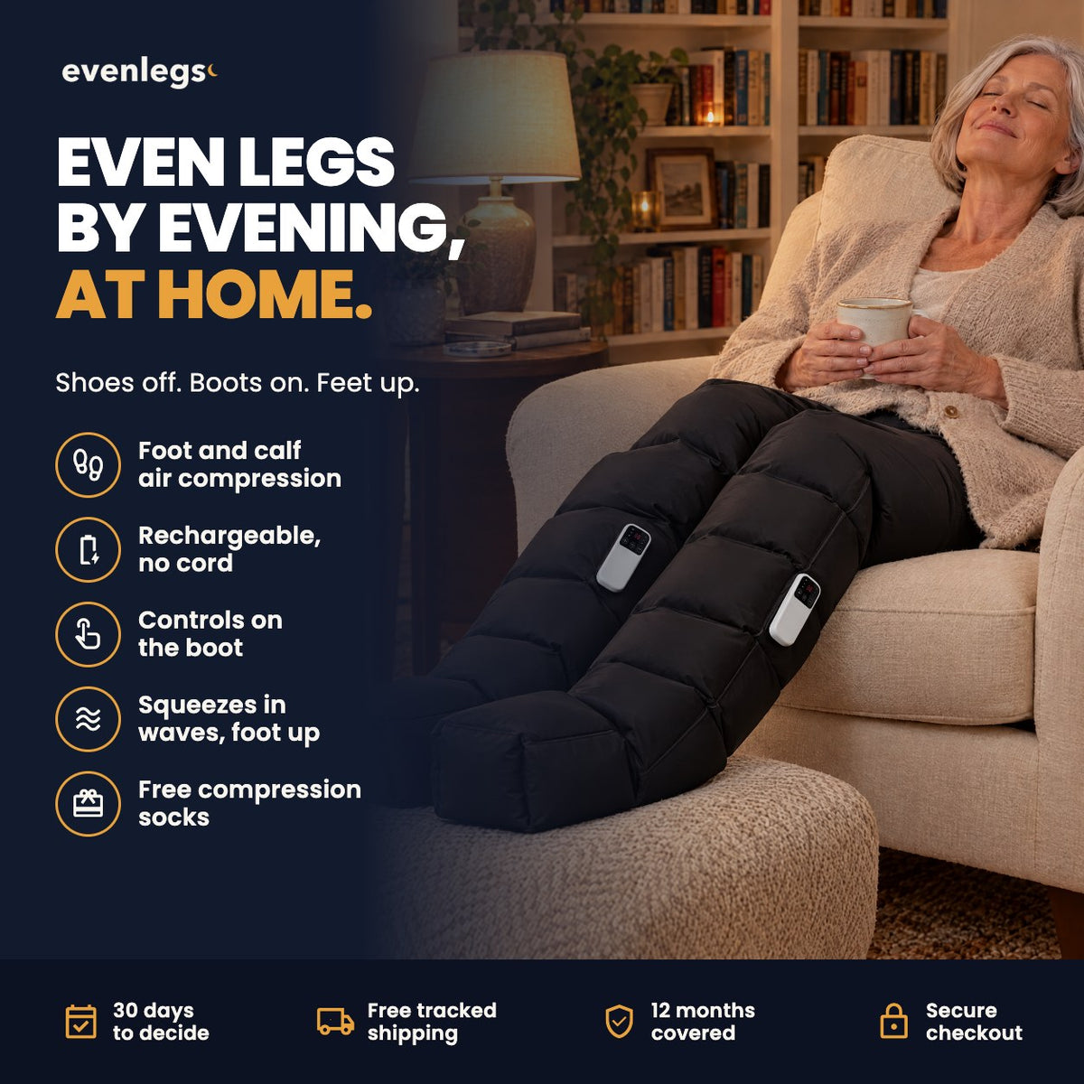 Even legs by evening, at home: foot and calf air compression, rechargeable, controls on the boot, free socks