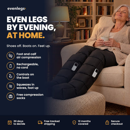Even legs by evening, at home: foot and calf air compression, rechargeable, controls on the boot, free socks